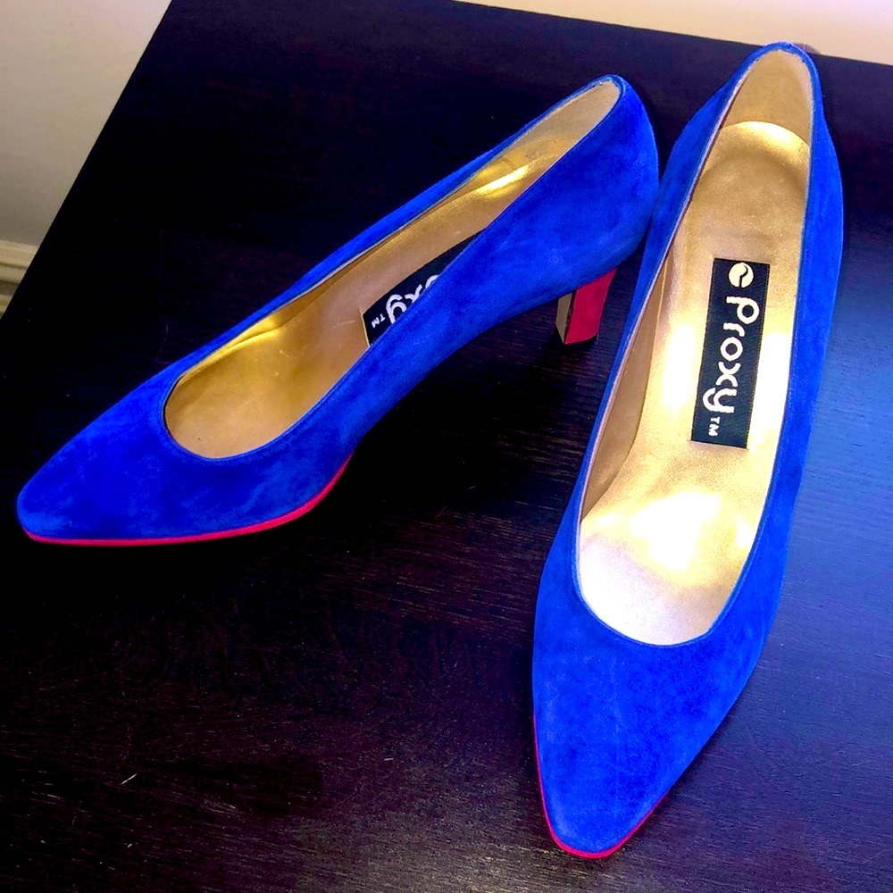 VINTAGE 80’s blue suede heels with red accents. Excellent condition/quality